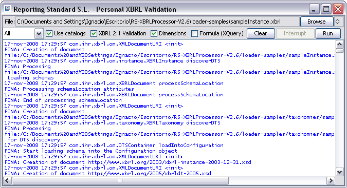 Screen Capture of the GUI for the RS XBRL Validation tool (Personal Edition).